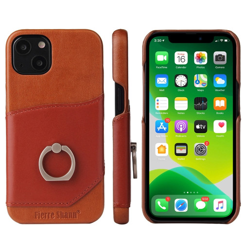 iPhone 13 Fierre Shann Oil Wax Texture Genuine Leather Back Cover Case with 360 Degree Rotation Holder & Card Slot - Brown